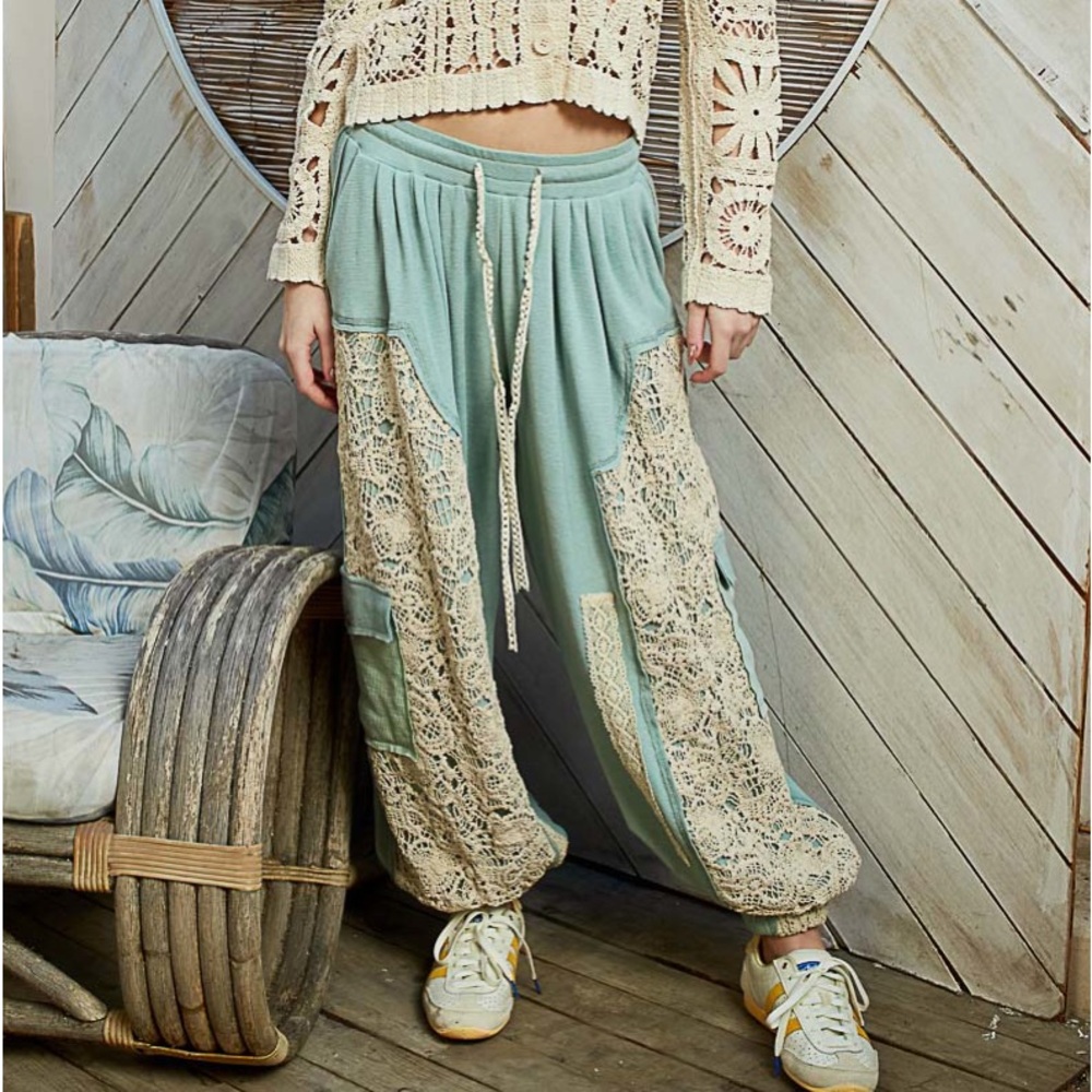 POL lace pants boho joggers teal blue green pockets drawstring - Picture 3 of 9